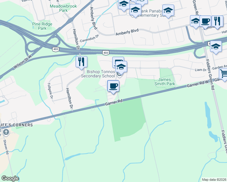 map of restaurants, bars, coffee shops, grocery stores, and more near 39 Panabaker Drive in Hamilton