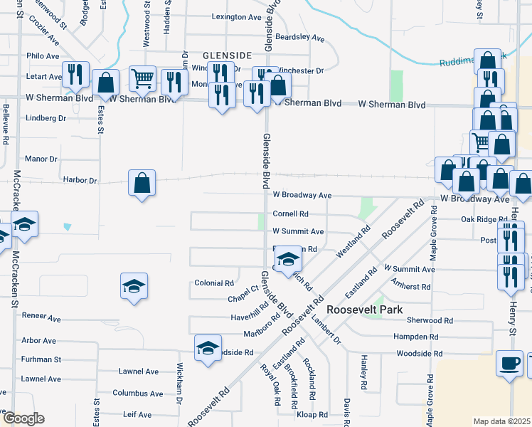 map of restaurants, bars, coffee shops, grocery stores, and more near 1398 Cornell Road in Muskegon