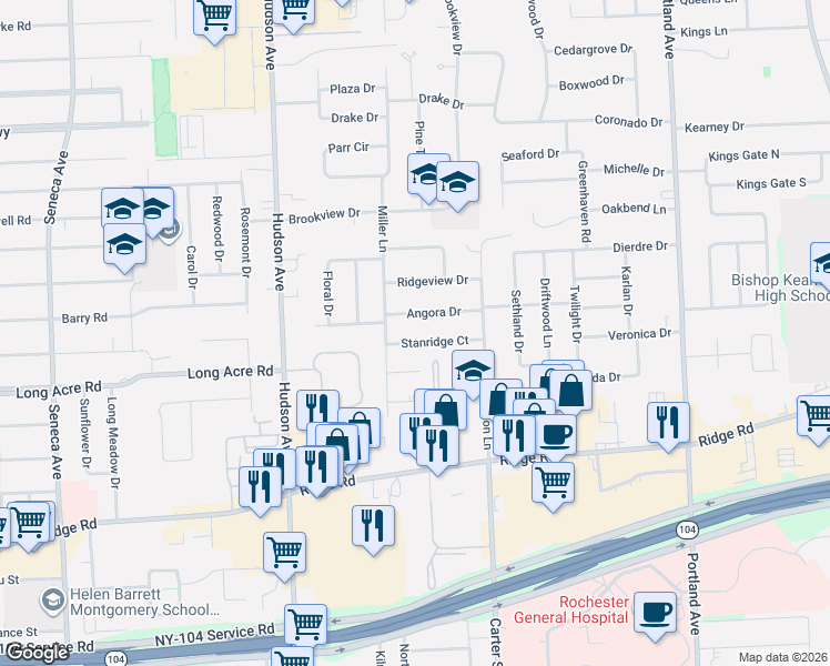 map of restaurants, bars, coffee shops, grocery stores, and more near 135 Kalyna Drive in Rochester