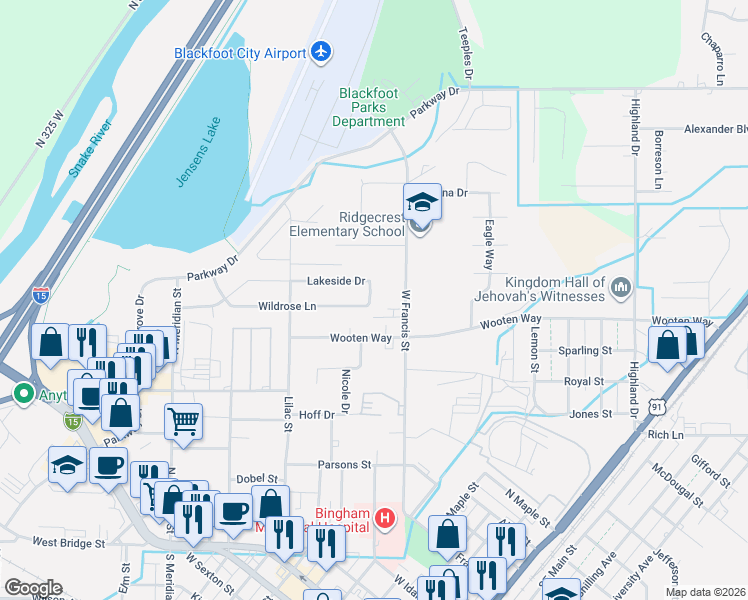 map of restaurants, bars, coffee shops, grocery stores, and more near 551 Wooten Way in Blackfoot