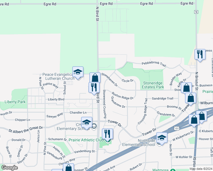 map of restaurants, bars, coffee shops, grocery stores, and more near 1257 Stonewood Crossing in Sun Prairie