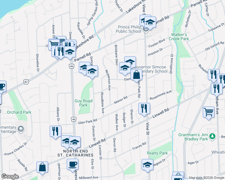 map of restaurants, bars, coffee shops, grocery stores, and more near 48 Windsor Road in St. Catharines