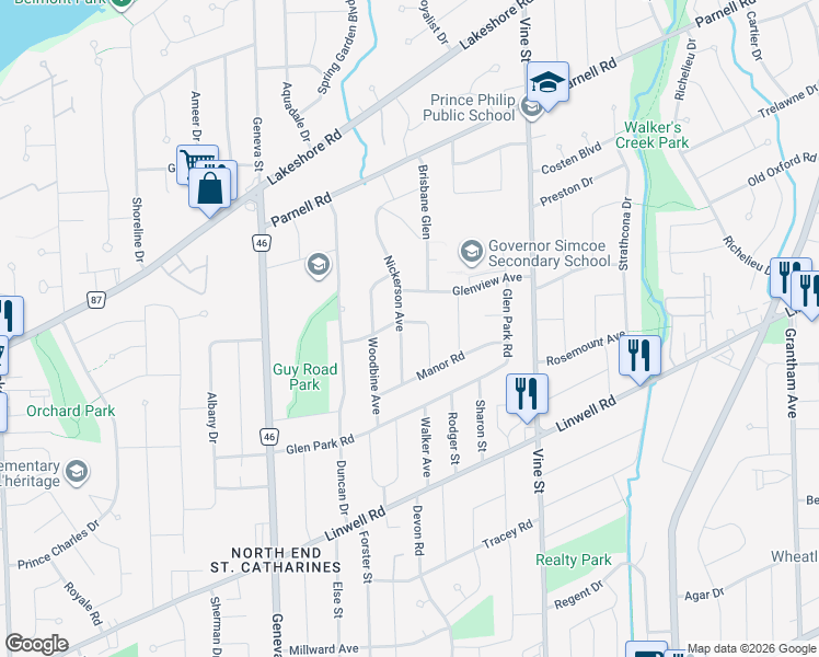 map of restaurants, bars, coffee shops, grocery stores, and more near 5 Grammar Avenue in St. Catharines