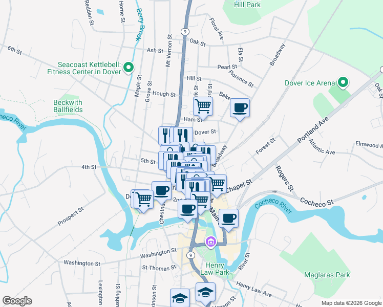 map of restaurants, bars, coffee shops, grocery stores, and more near in Dover