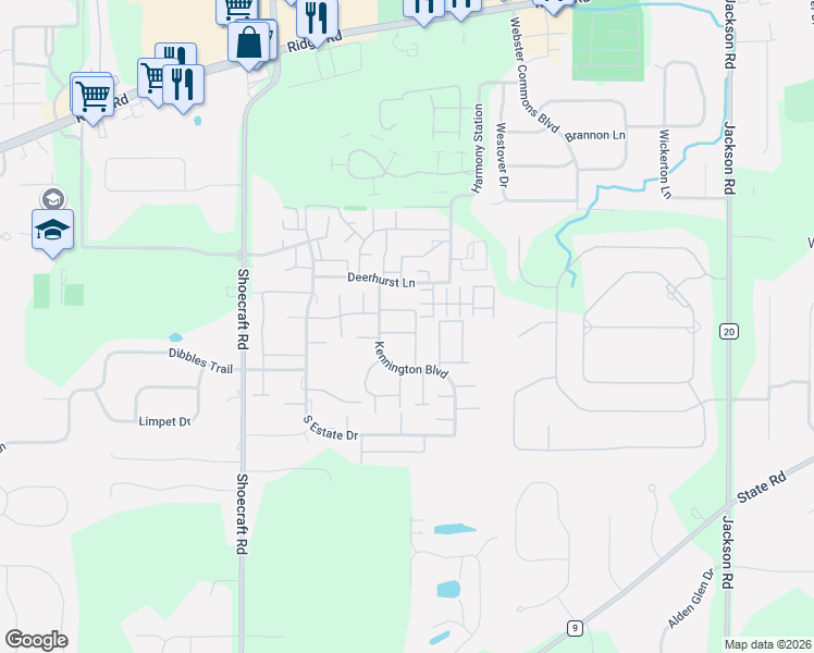 map of restaurants, bars, coffee shops, grocery stores, and more near 483 Nadine Drive in Webster
