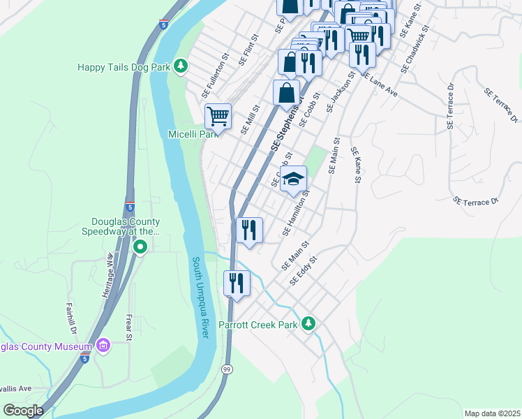 map of restaurants, bars, coffee shops, grocery stores, and more near 1634 Southeast Jackson Street in Roseburg