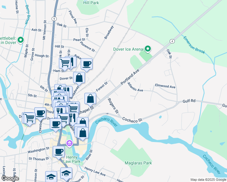 map of restaurants, bars, coffee shops, grocery stores, and more near 35 Rogers Street in Dover