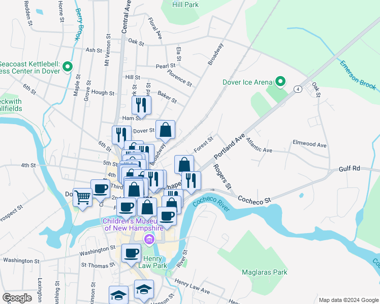 map of restaurants, bars, coffee shops, grocery stores, and more near 2 Essex Street in Dover