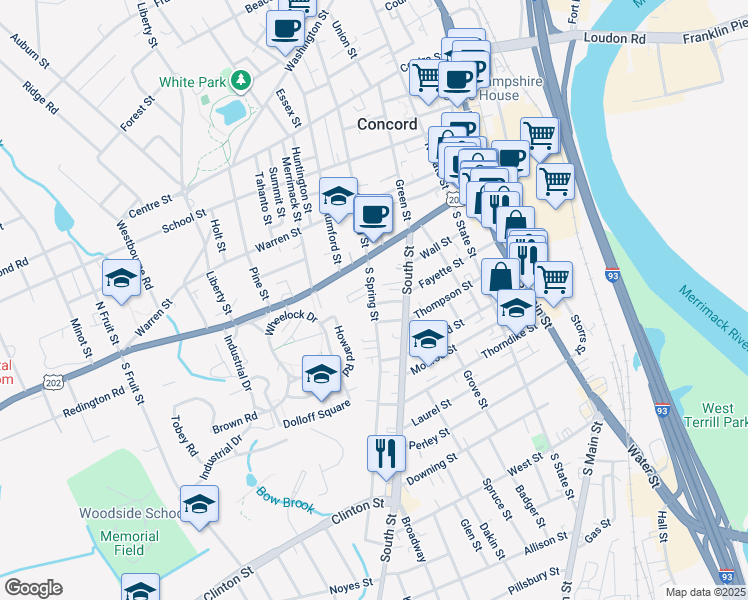 map of restaurants, bars, coffee shops, grocery stores, and more near 16 South Spring Street in Concord