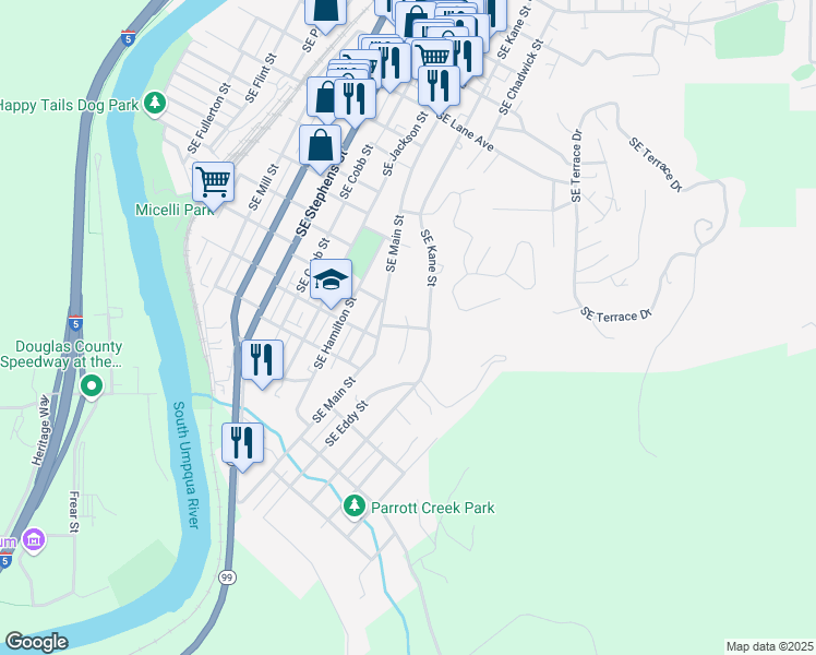 map of restaurants, bars, coffee shops, grocery stores, and more near 1400 Southeast Virginia Court in Roseburg