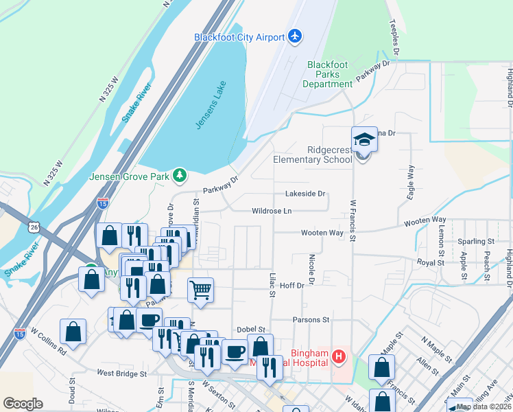 map of restaurants, bars, coffee shops, grocery stores, and more near 655 Lilac Street in Blackfoot