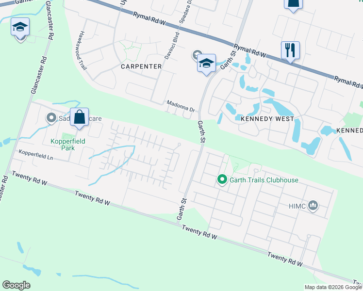 map of restaurants, bars, coffee shops, grocery stores, and more near 500 Silverbirch Boulevard in Hamilton