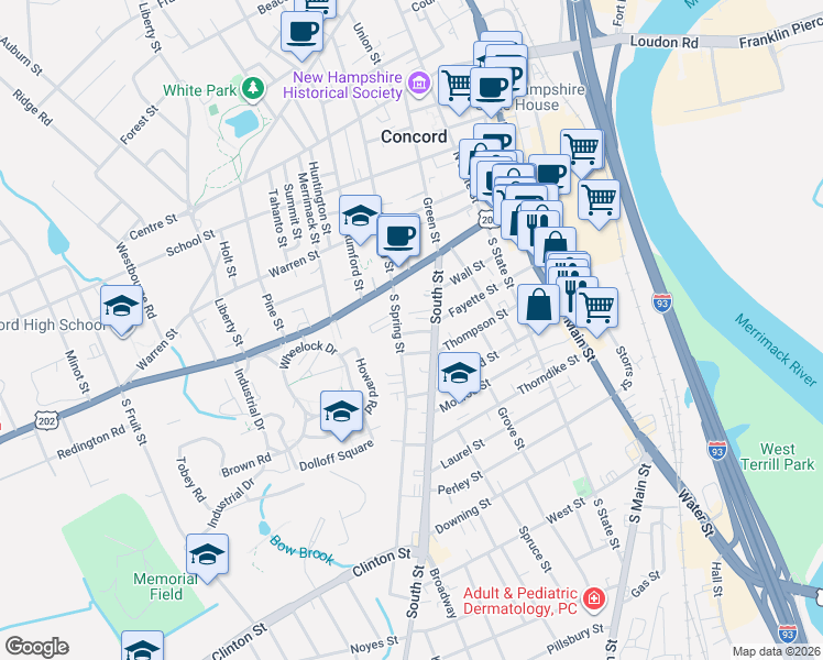 map of restaurants, bars, coffee shops, grocery stores, and more near 45 Thompson Street in Concord
