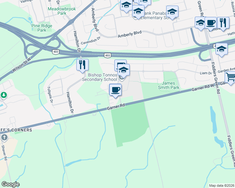 map of restaurants, bars, coffee shops, grocery stores, and more near in Hamilton