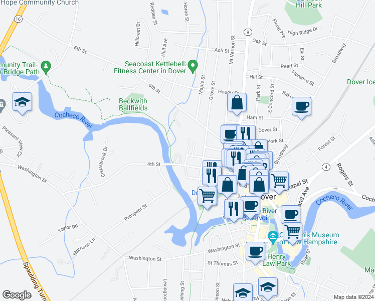 map of restaurants, bars, coffee shops, grocery stores, and more near 15 Tammany Park in Dover