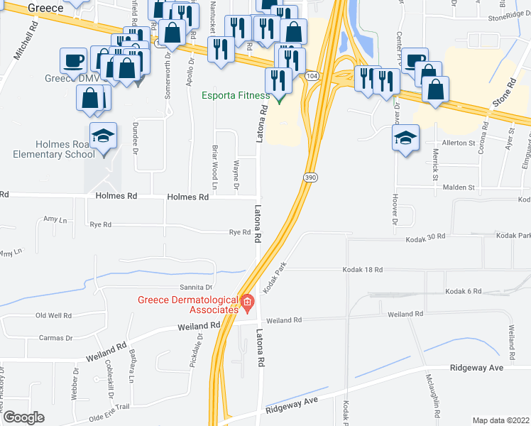 map of restaurants, bars, coffee shops, grocery stores, and more near 234 Latona Road in Rochester