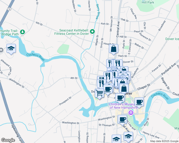 map of restaurants, bars, coffee shops, grocery stores, and more near 14 Tammany Park in Dover