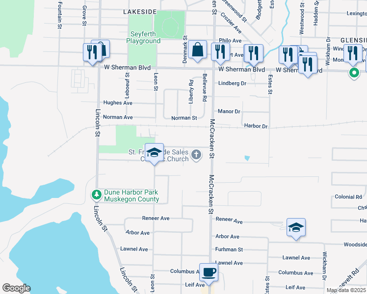 map of restaurants, bars, coffee shops, grocery stores, and more near 3000 Griesbach Street in Norton Shores