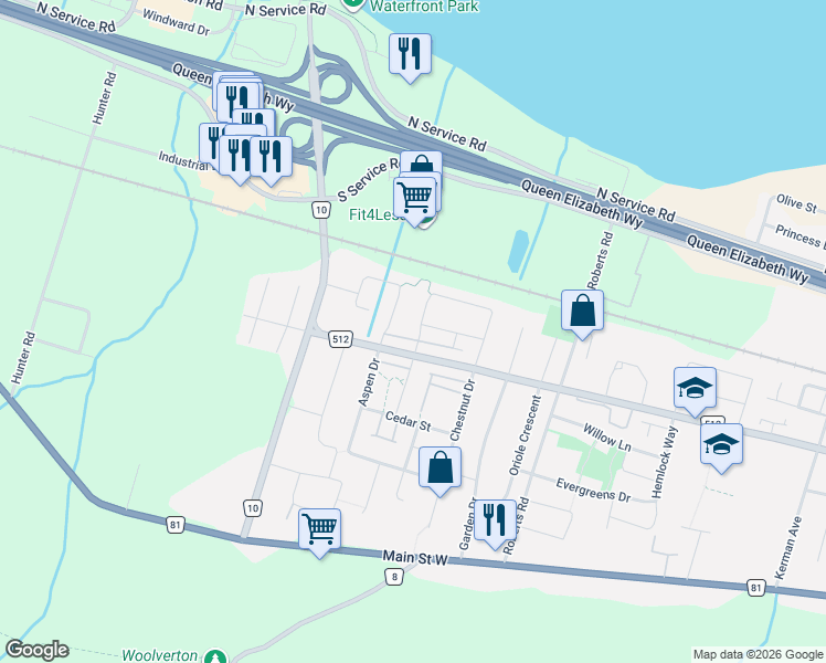 map of restaurants, bars, coffee shops, grocery stores, and more near 122 Magnolia Crescent in Grimsby