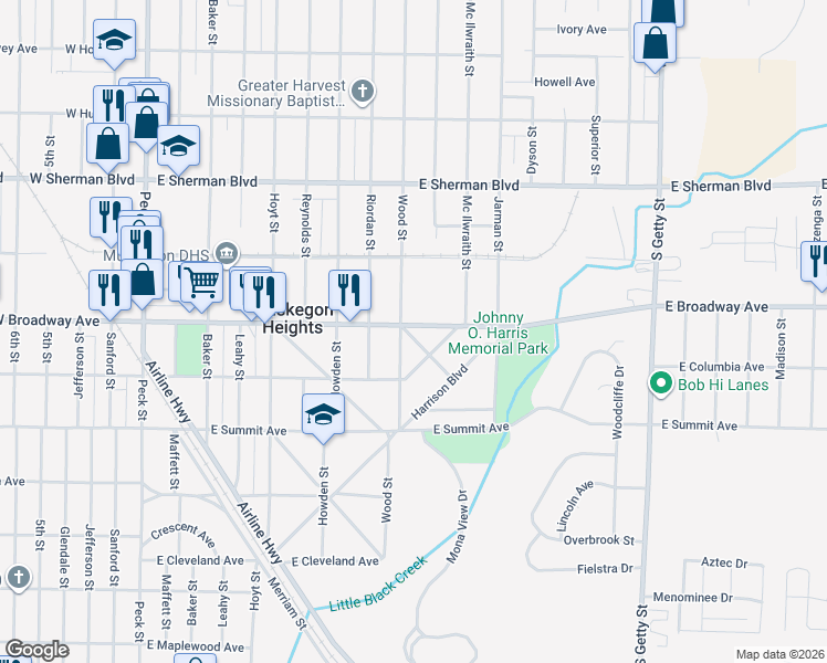 map of restaurants, bars, coffee shops, grocery stores, and more near 2733 Wood Street in Muskegon Heights