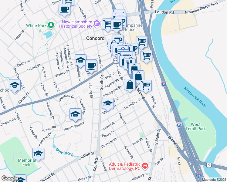 map of restaurants, bars, coffee shops, grocery stores, and more near 1 Jefferson Street in Concord