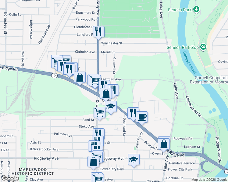 map of restaurants, bars, coffee shops, grocery stores, and more near in Rochester