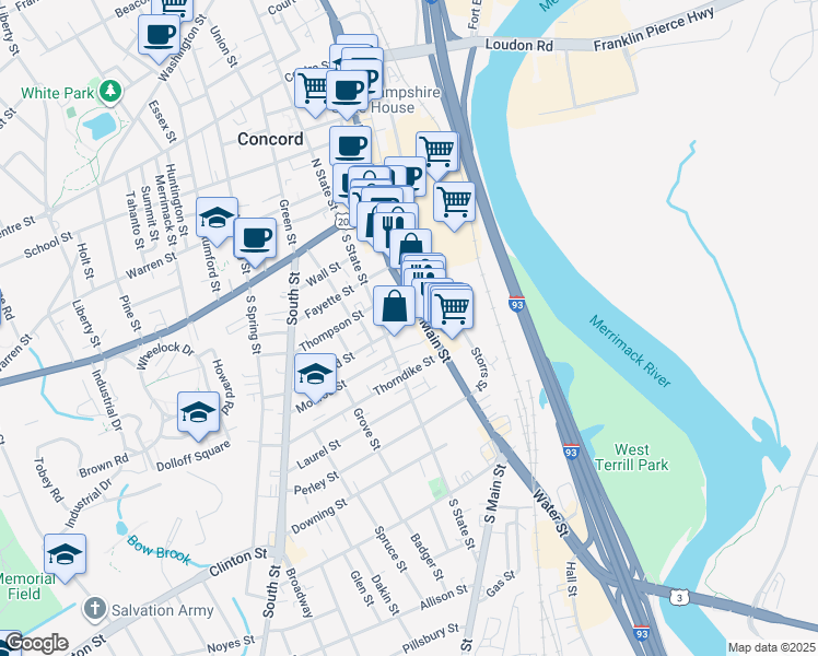 map of restaurants, bars, coffee shops, grocery stores, and more near 40-42 South Main Street in Concord