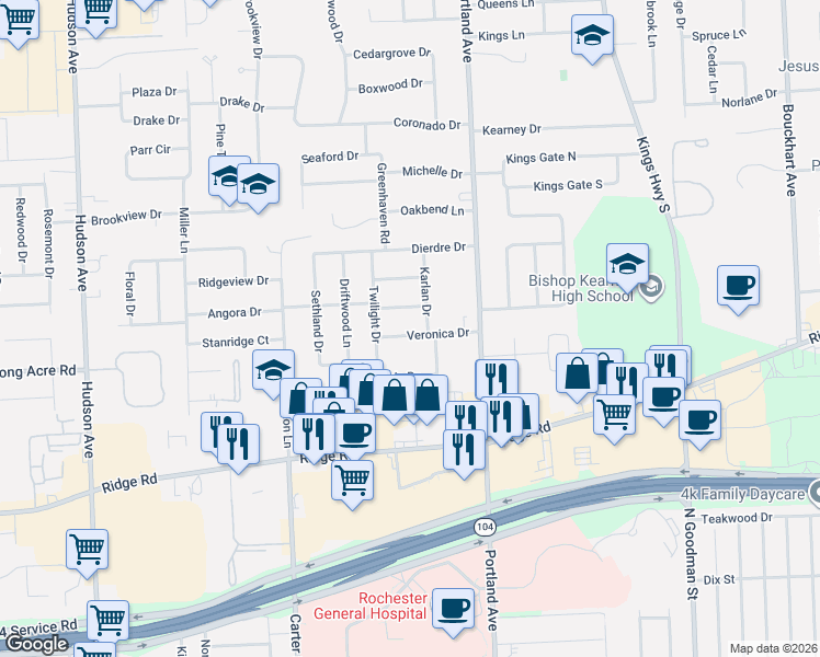 map of restaurants, bars, coffee shops, grocery stores, and more near 43 Karlan Drive in Rochester