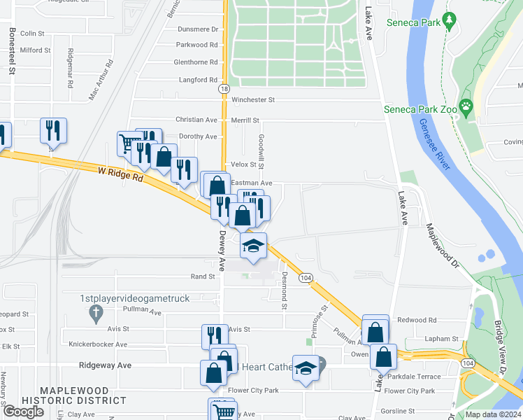 map of restaurants, bars, coffee shops, grocery stores, and more near in Rochester