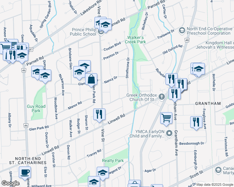 map of restaurants, bars, coffee shops, grocery stores, and more near 12 Marvin Drive in St. Catharines
