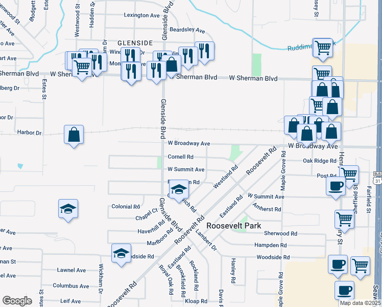 map of restaurants, bars, coffee shops, grocery stores, and more near 1300 West Broadway Avenue in Muskegon