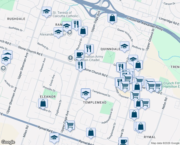 map of restaurants, bars, coffee shops, grocery stores, and more near 915 Stone Church Road East in Hamilton