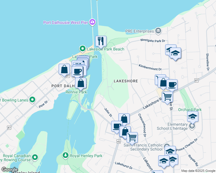 map of restaurants, bars, coffee shops, grocery stores, and more near 42 Lighthouse Road in Saint Catharines