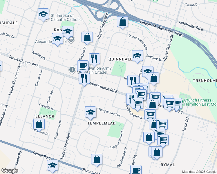 map of restaurants, bars, coffee shops, grocery stores, and more near 45 Ridley Drive in Hamilton