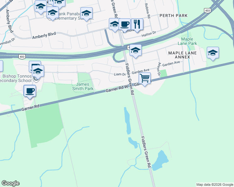 map of restaurants, bars, coffee shops, grocery stores, and more near 48 Garner Road West in Hamilton