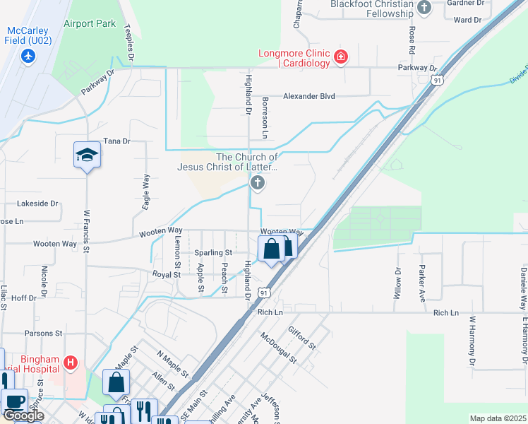 map of restaurants, bars, coffee shops, grocery stores, and more near 255 Carol Drive in Blackfoot