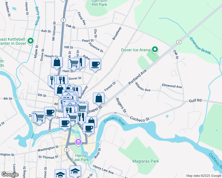 map of restaurants, bars, coffee shops, grocery stores, and more near 30 Forest Street in Dover