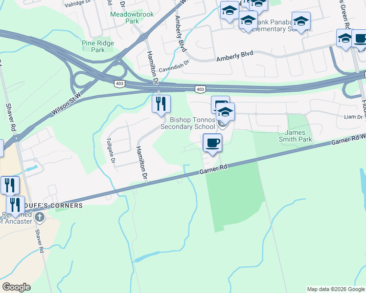 map of restaurants, bars, coffee shops, grocery stores, and more near 305 Garner Road West in Hamilton