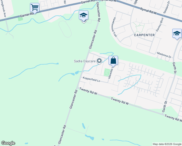 map of restaurants, bars, coffee shops, grocery stores, and more near 345 Glancaster Road in Hamilton