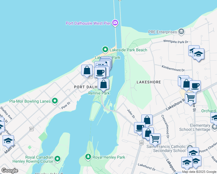 map of restaurants, bars, coffee shops, grocery stores, and more near 57 Lakeport Road in St. Catharines