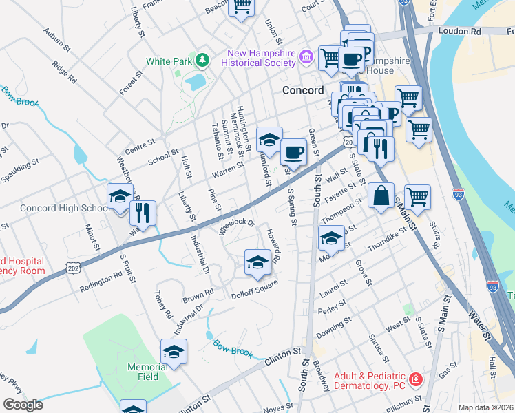map of restaurants, bars, coffee shops, grocery stores, and more near 79 Pleasant Street in Concord