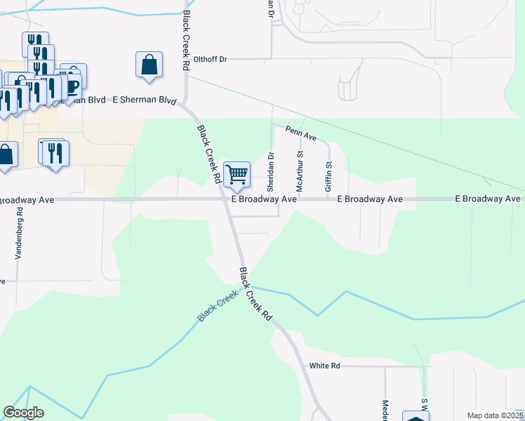 map of restaurants, bars, coffee shops, grocery stores, and more near 2373 East Broadway Avenue in Muskegon
