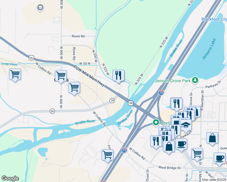 map of restaurants, bars, coffee shops, grocery stores, and more near 320 U.S. 26 in Blackfoot