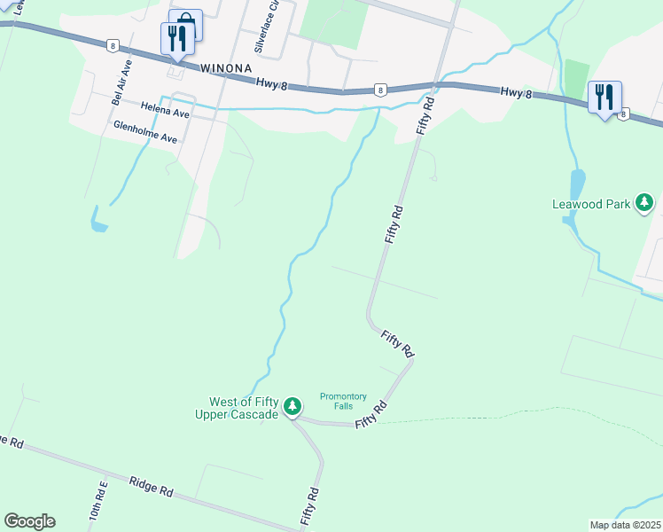 map of restaurants, bars, coffee shops, grocery stores, and more near Concession Road in Hamilton