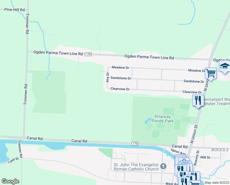 map of restaurants, bars, coffee shops, grocery stores, and more near 56 Clearview Drive in Spencerport