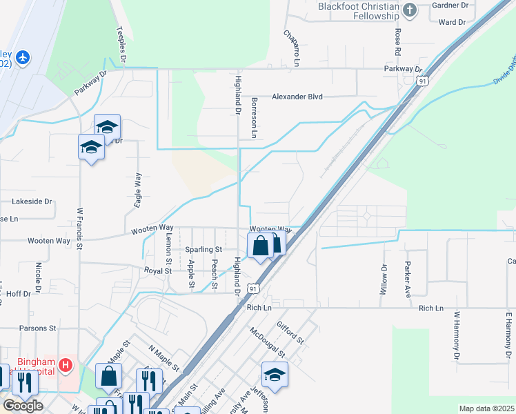 map of restaurants, bars, coffee shops, grocery stores, and more near 255 Carol Drive in Blackfoot