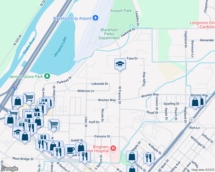 map of restaurants, bars, coffee shops, grocery stores, and more near 600-798 Lakeside Dr in Blackfoot