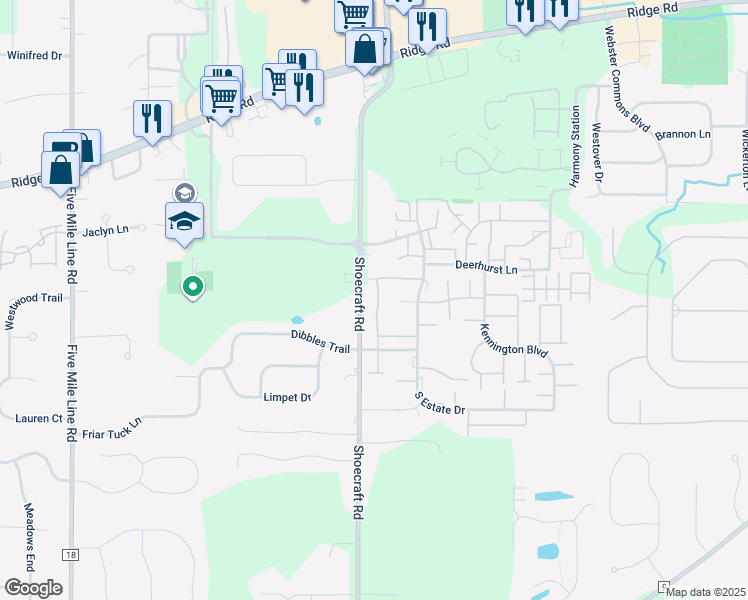 map of restaurants, bars, coffee shops, grocery stores, and more near 66 Springwood Drive in Webster