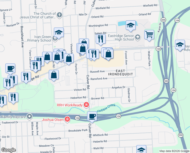 map of restaurants, bars, coffee shops, grocery stores, and more near 39 Russell Avenue in Rochester