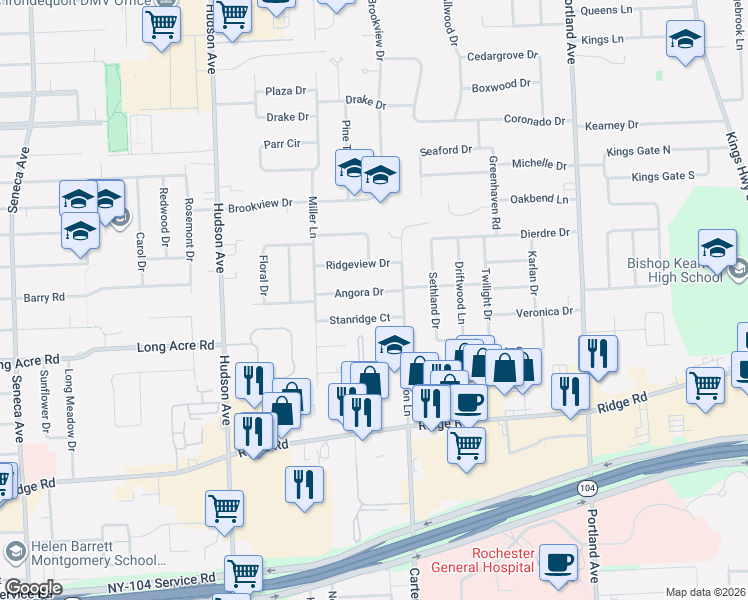 map of restaurants, bars, coffee shops, grocery stores, and more near 94 Angora Drive in Irondequoit